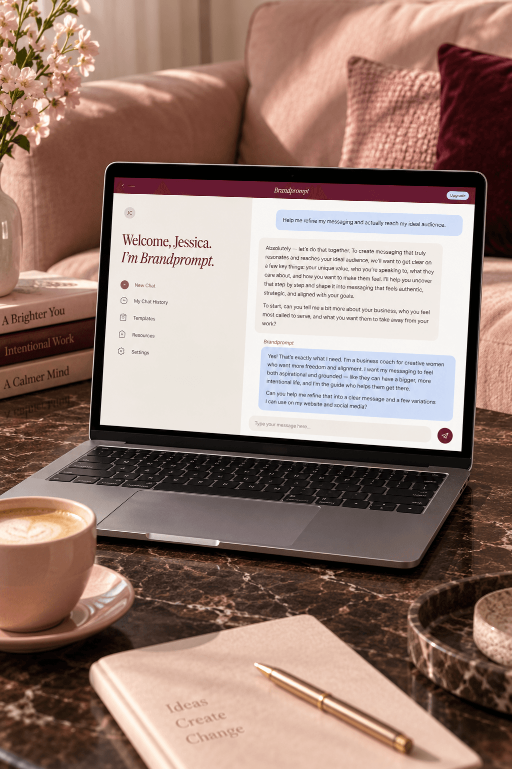 Brandprompt on a laptop on a chocolate table beside a blush sofa