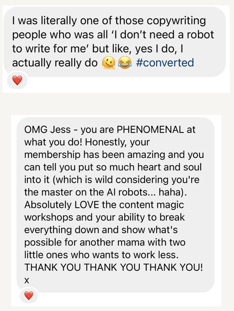 Customer message: I was literally one of those copywriting people who was all 'I don't need a robot to write for me' but like, yes I do, I actually really do. #converted
